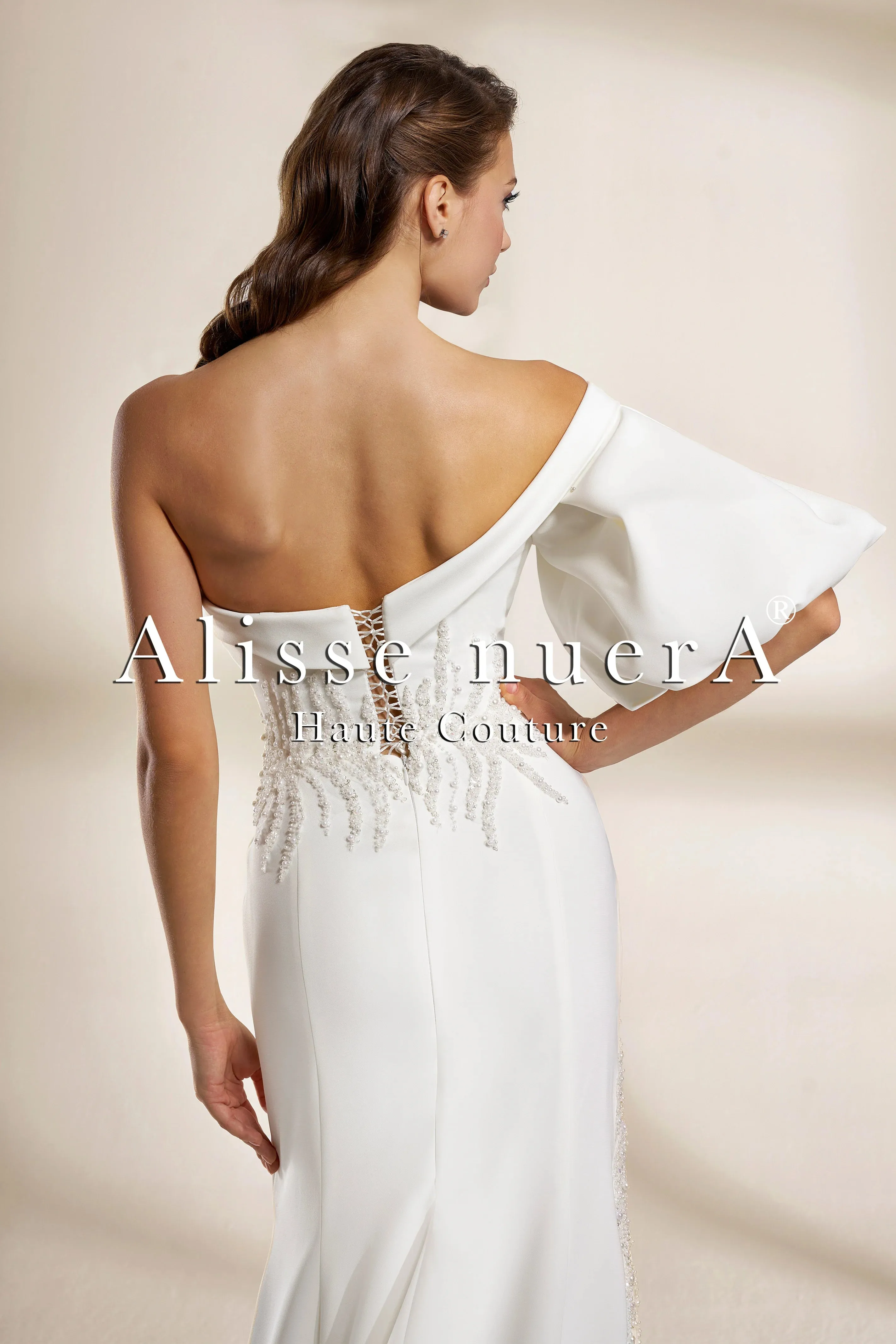 One-Shoulder Satin Wedding Dress with Thigh-High Slit and Draped Sleeve