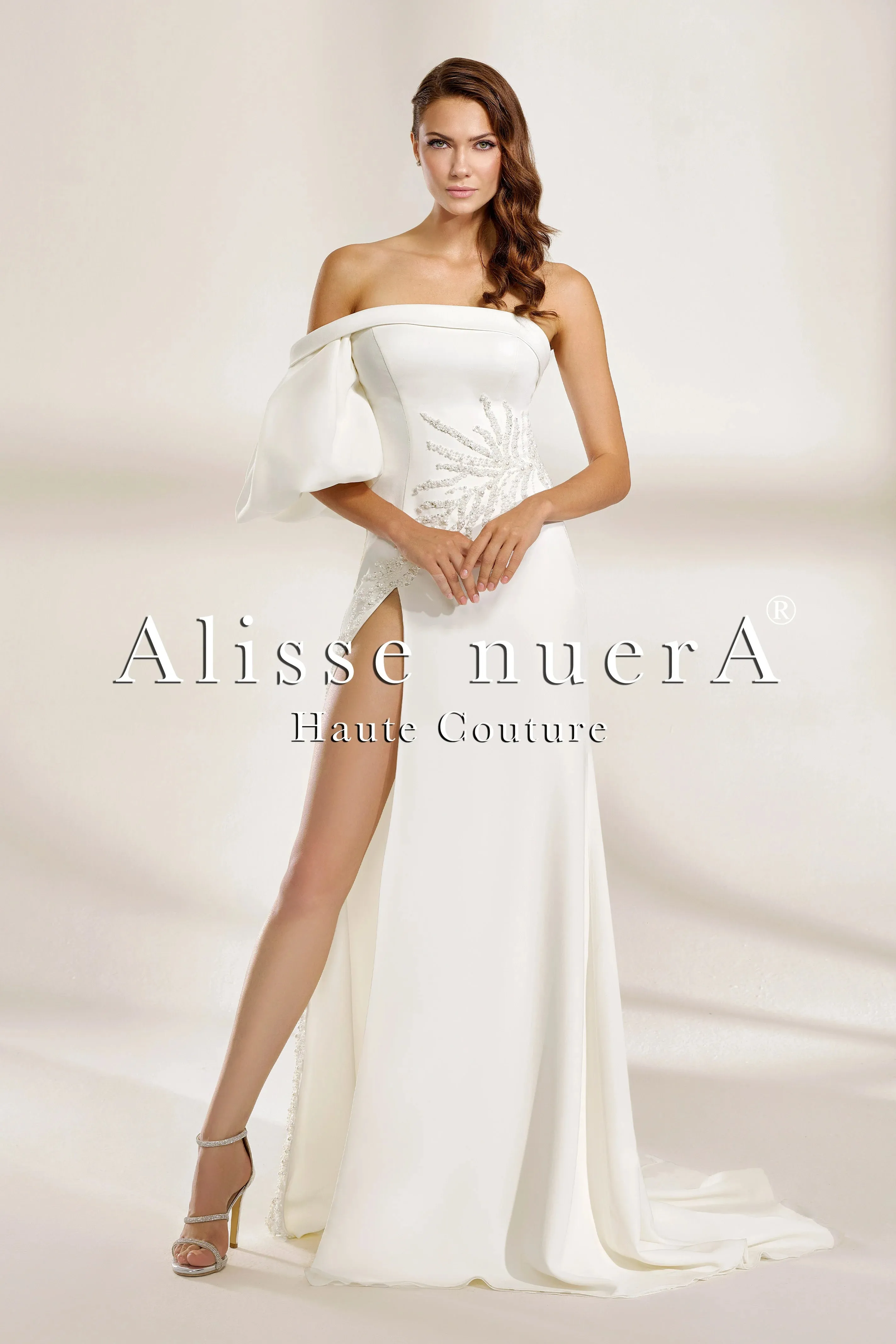 One-Shoulder Satin Wedding Dress with Thigh-High Slit and Draped Sleeve