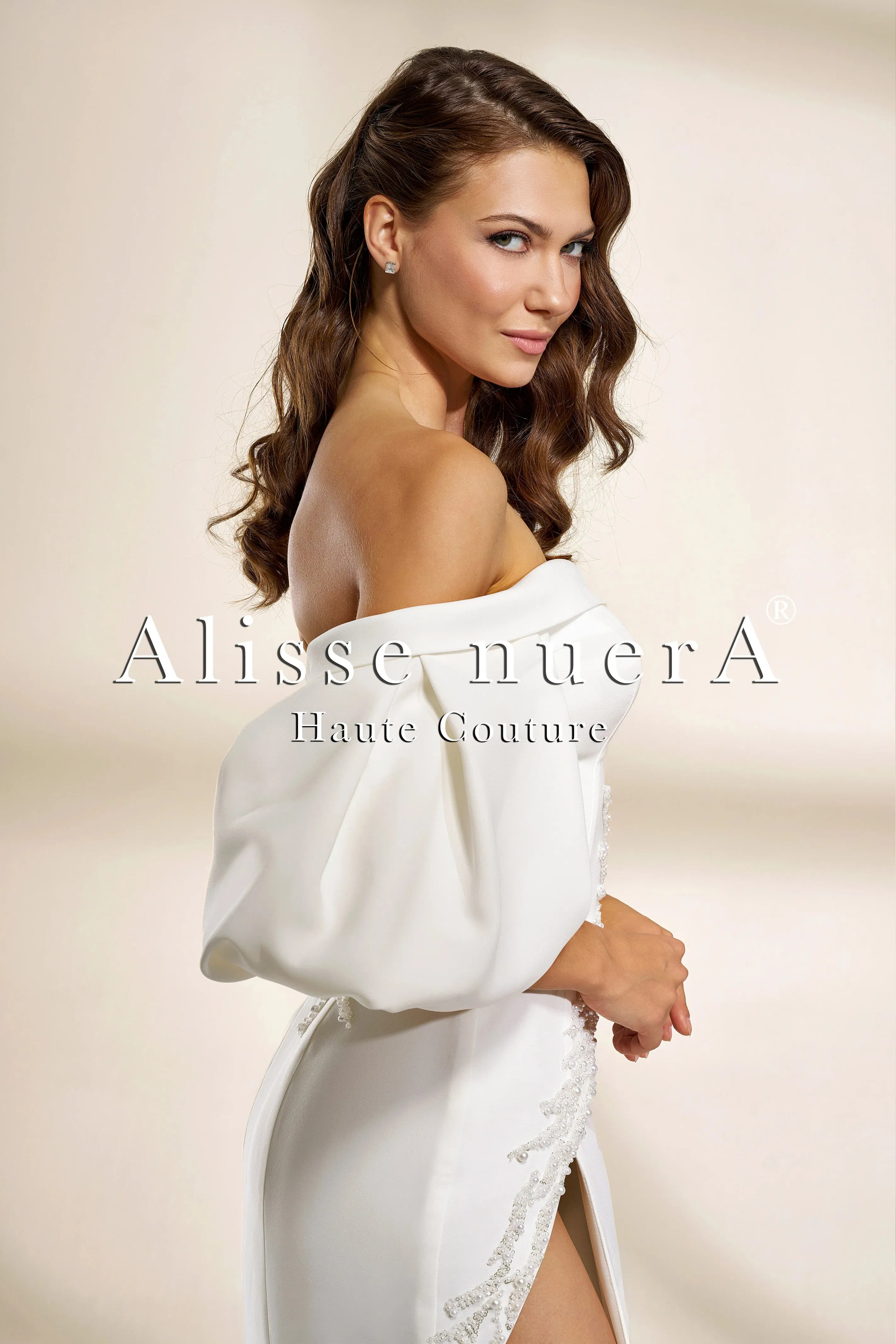 One-Shoulder Satin Wedding Dress with Thigh-High Slit and Draped Sleeve