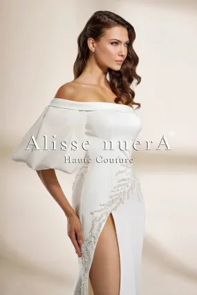 One-Shoulder Satin Wedding Dress with Thigh-High Slit and Draped Sleeve