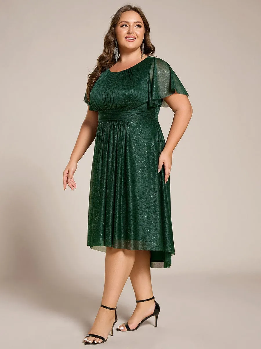 Plus Size Sequin Round Neck Asymmetrical Midi Wedding Guest Dress