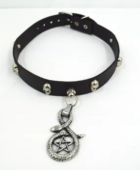 Punk Rock Emo Snake and Pentagram Charm Skull Stud Leather Choker Collar Necklace