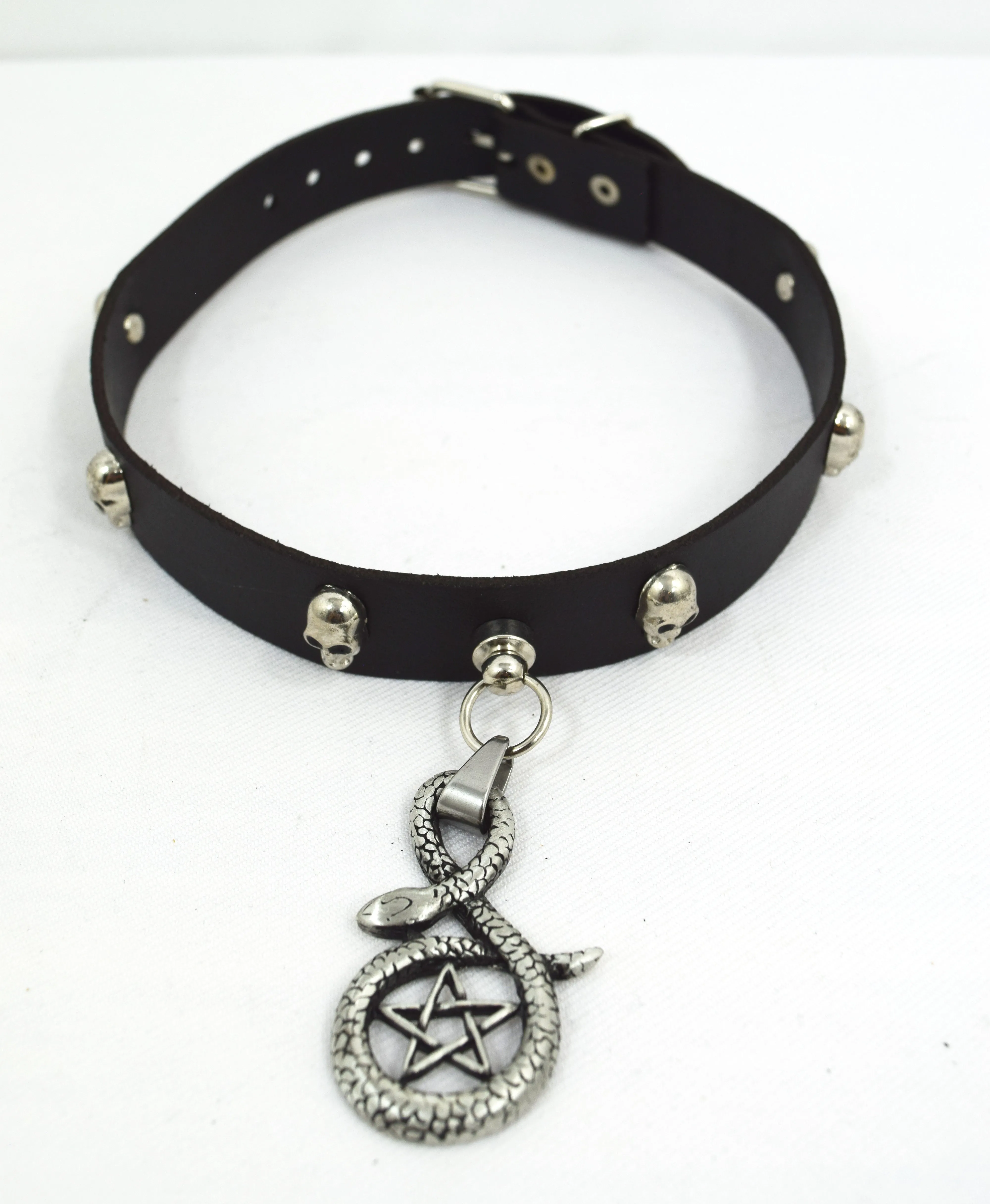 Punk Rock Emo Snake and Pentagram Charm Skull Stud Leather Choker Collar Necklace
