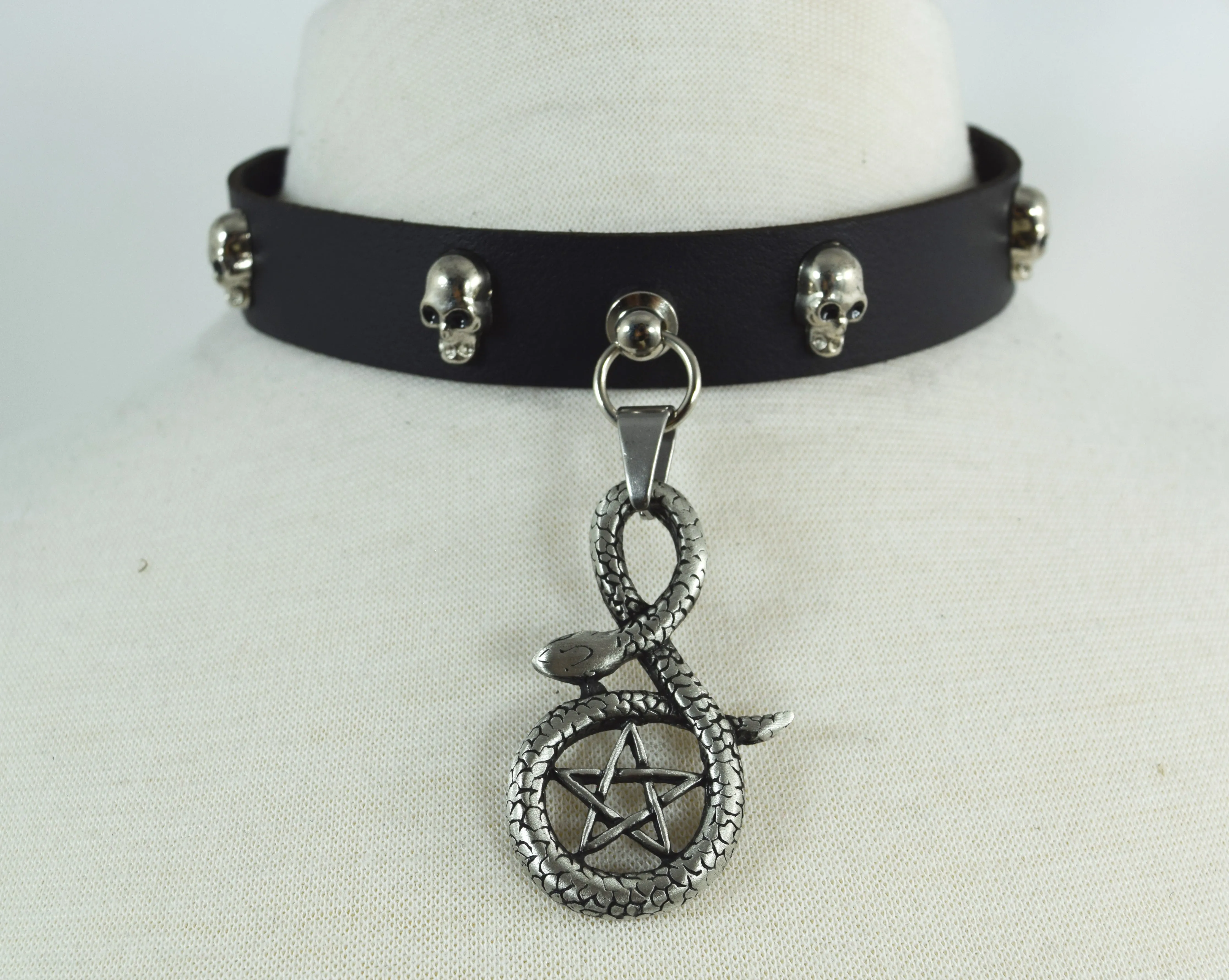 Punk Rock Emo Snake and Pentagram Charm Skull Stud Leather Choker Collar Necklace