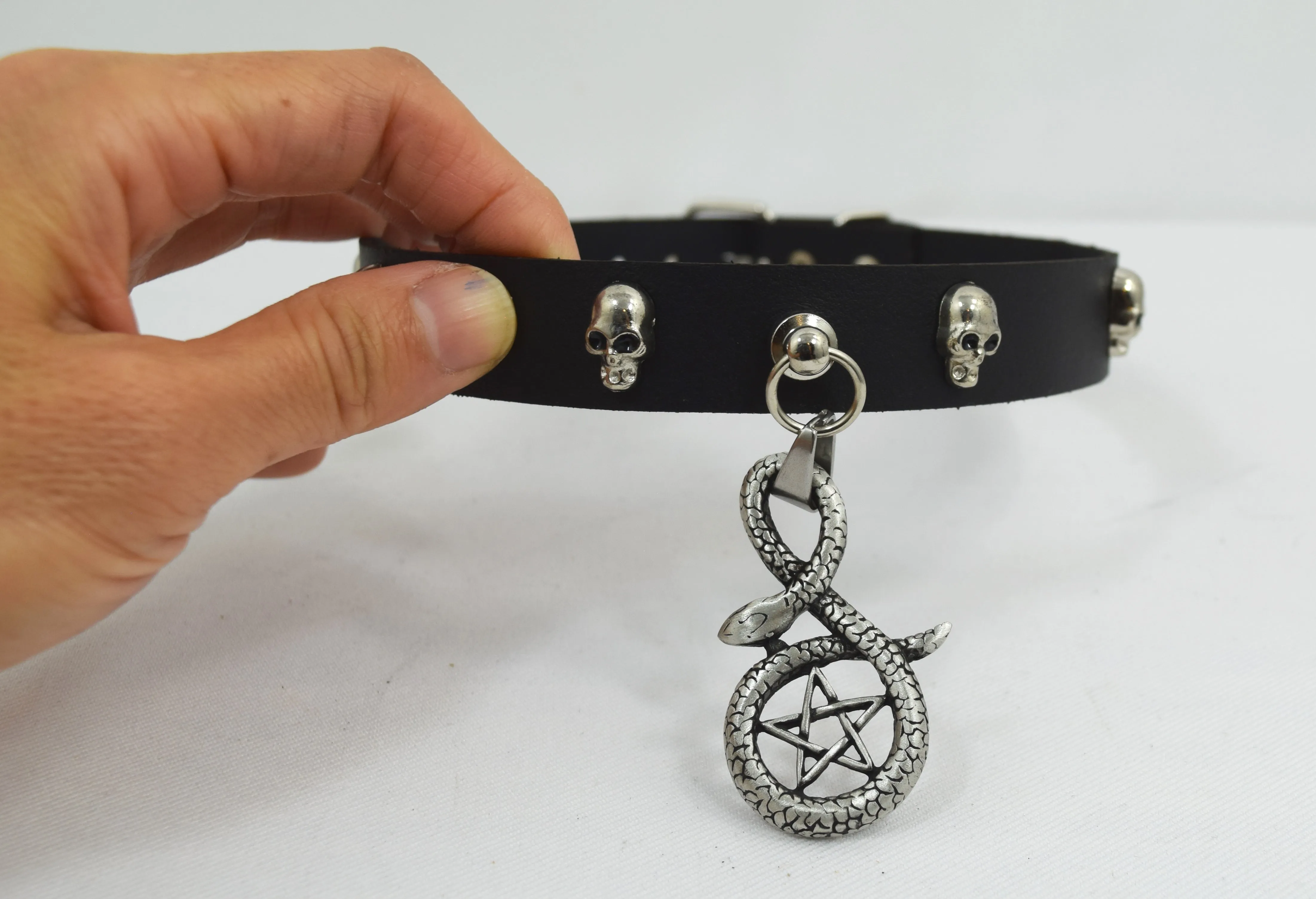 Punk Rock Emo Snake and Pentagram Charm Skull Stud Leather Choker Collar Necklace