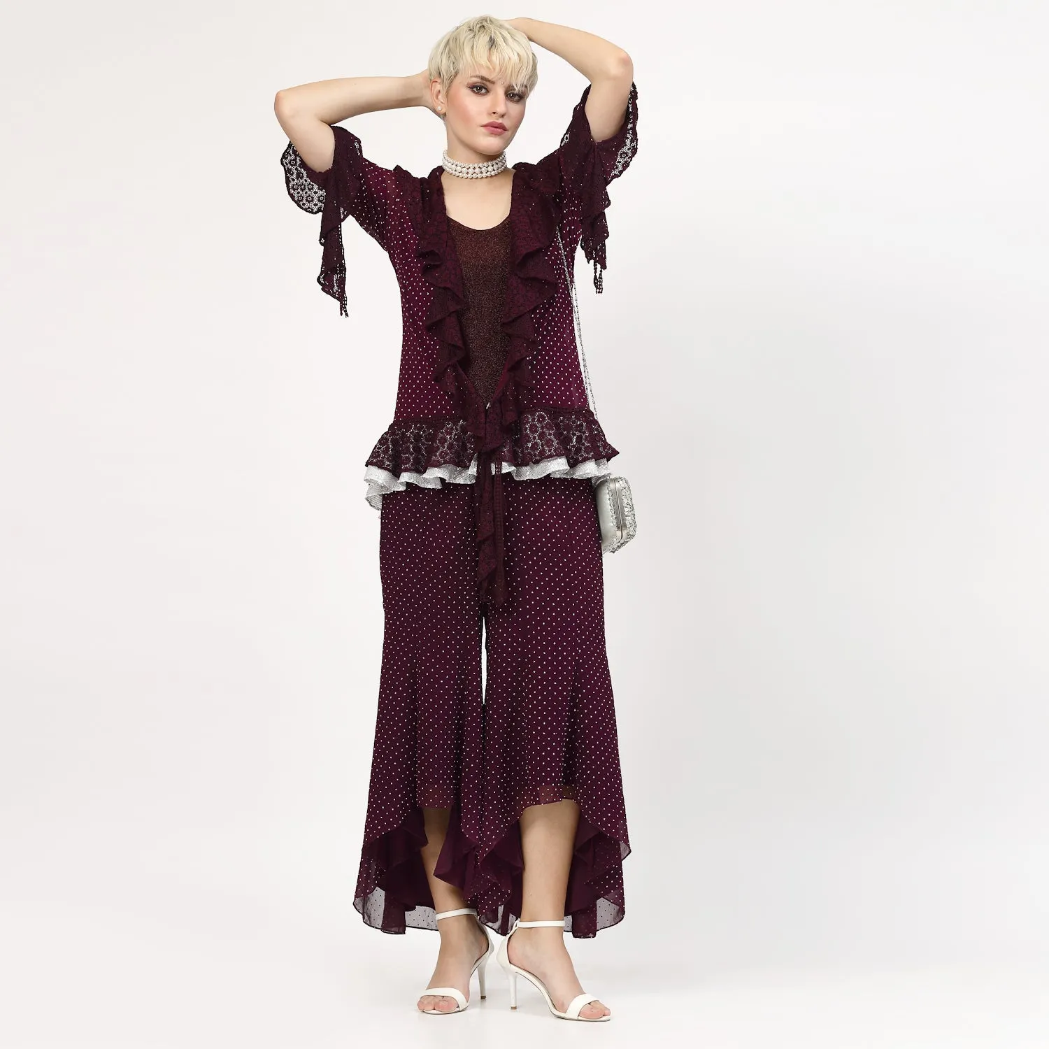 Purple Georgette Frill Shrug With Silver Dots And Inner