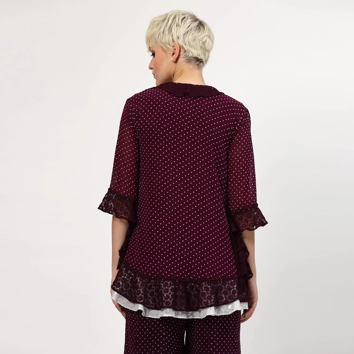 Purple Georgette Frill Shrug With Silver Dots And Inner