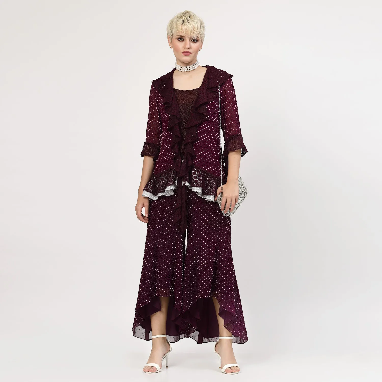 Purple Georgette Frill Shrug With Silver Dots And Inner