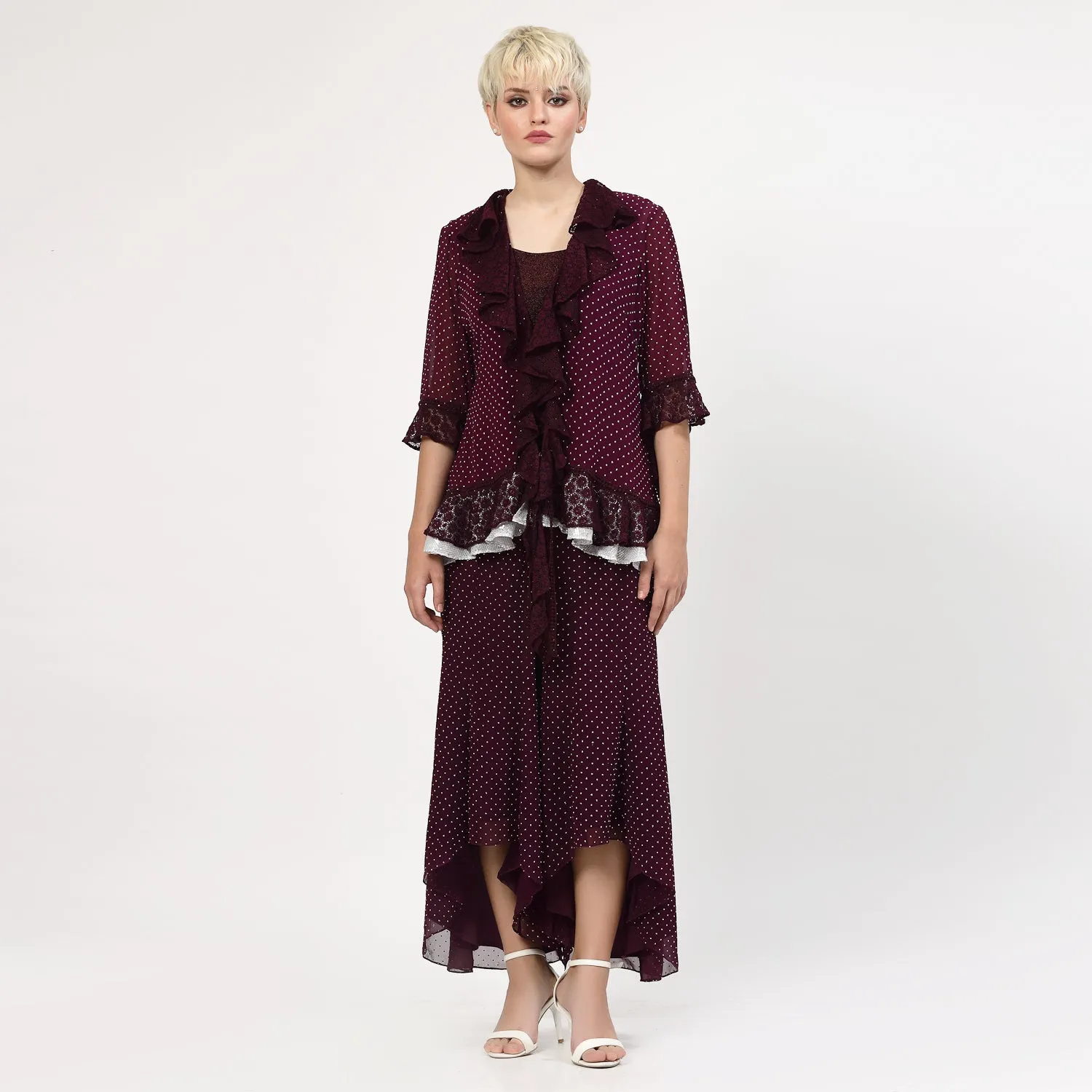 Purple Georgette Frill Shrug With Silver Dots And Inner