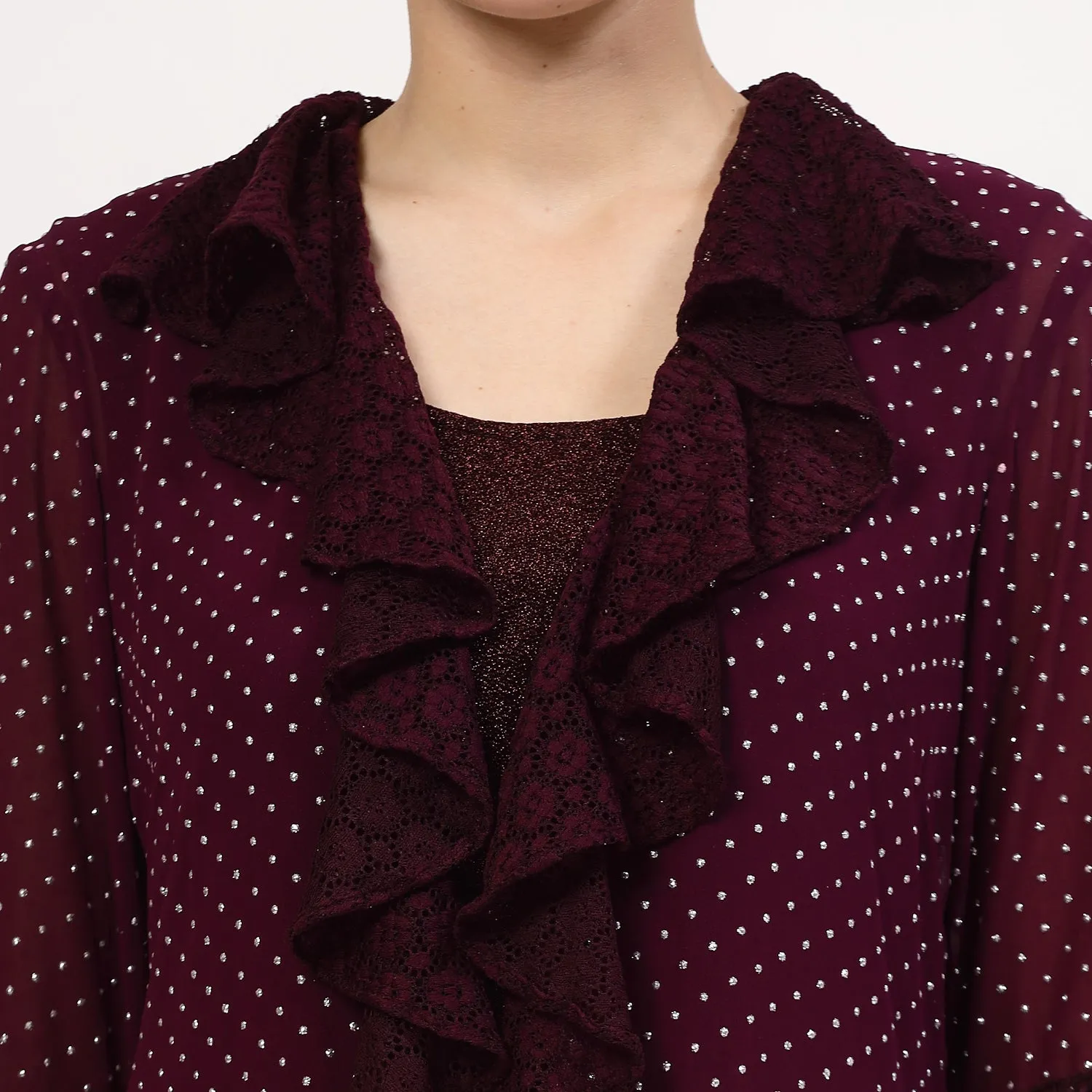 Purple Georgette Frill Shrug With Silver Dots And Inner