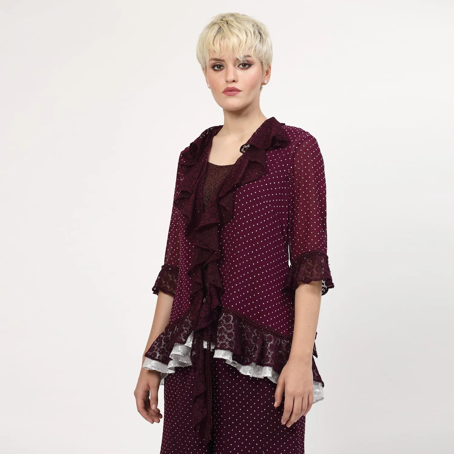 Purple Georgette Frill Shrug With Silver Dots And Inner