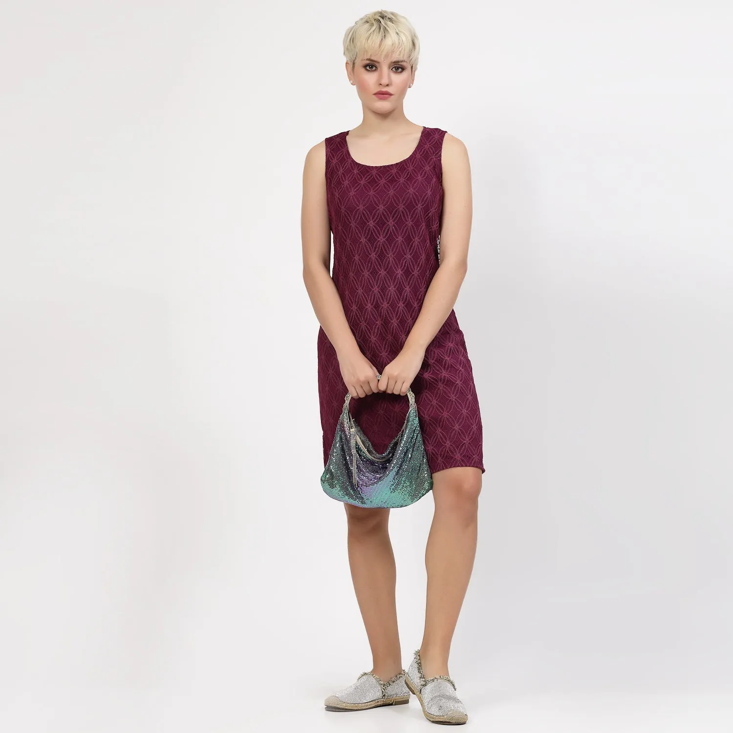 Purple Sleeveless Dress With Lace Fabric
