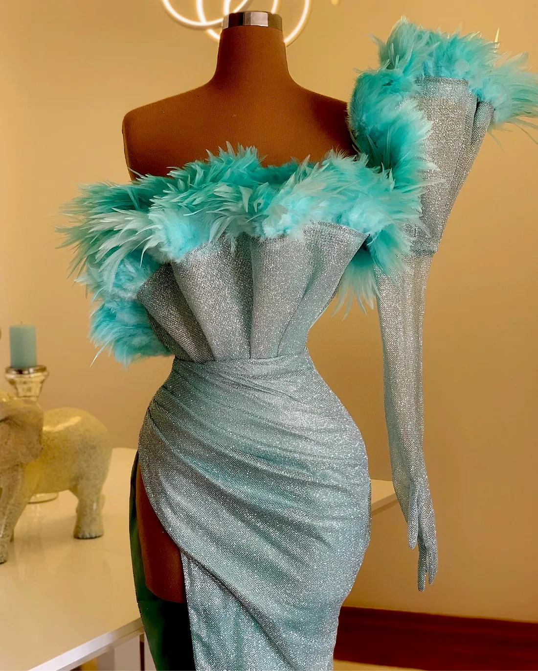 Shaggy One-Shoulder Evening Dress