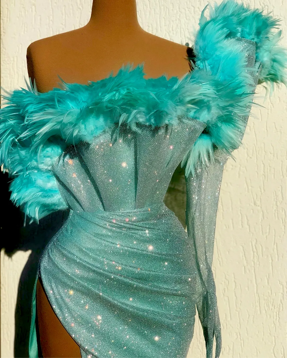 Shaggy One-Shoulder Evening Dress