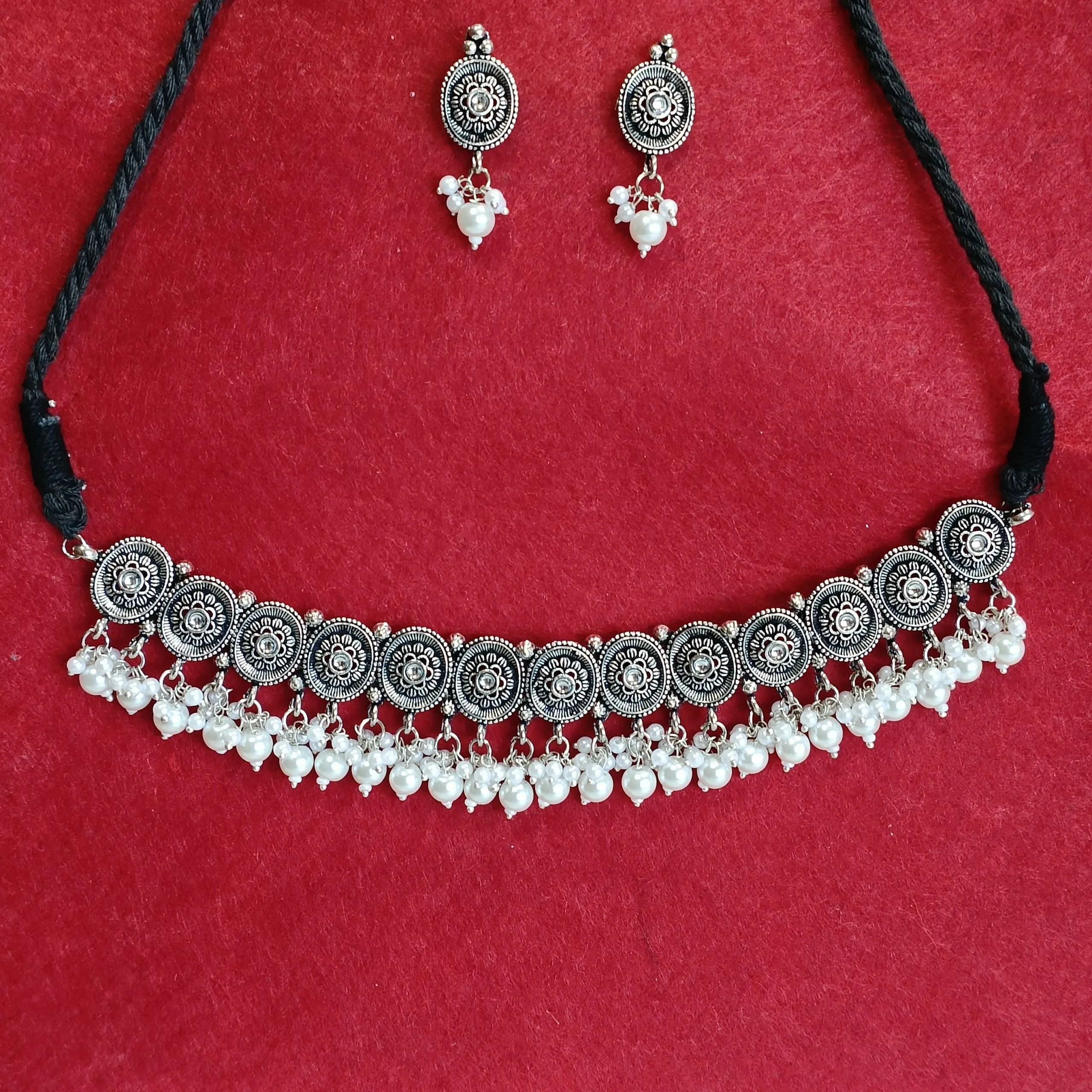 Silver Oxidised Plated Kundan Studded Delicate Choker Necklace Set- OXDNK 2315