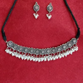 Silver Oxidised Plated Kundan Studded Delicate Choker Necklace Set- OXDNK 2315