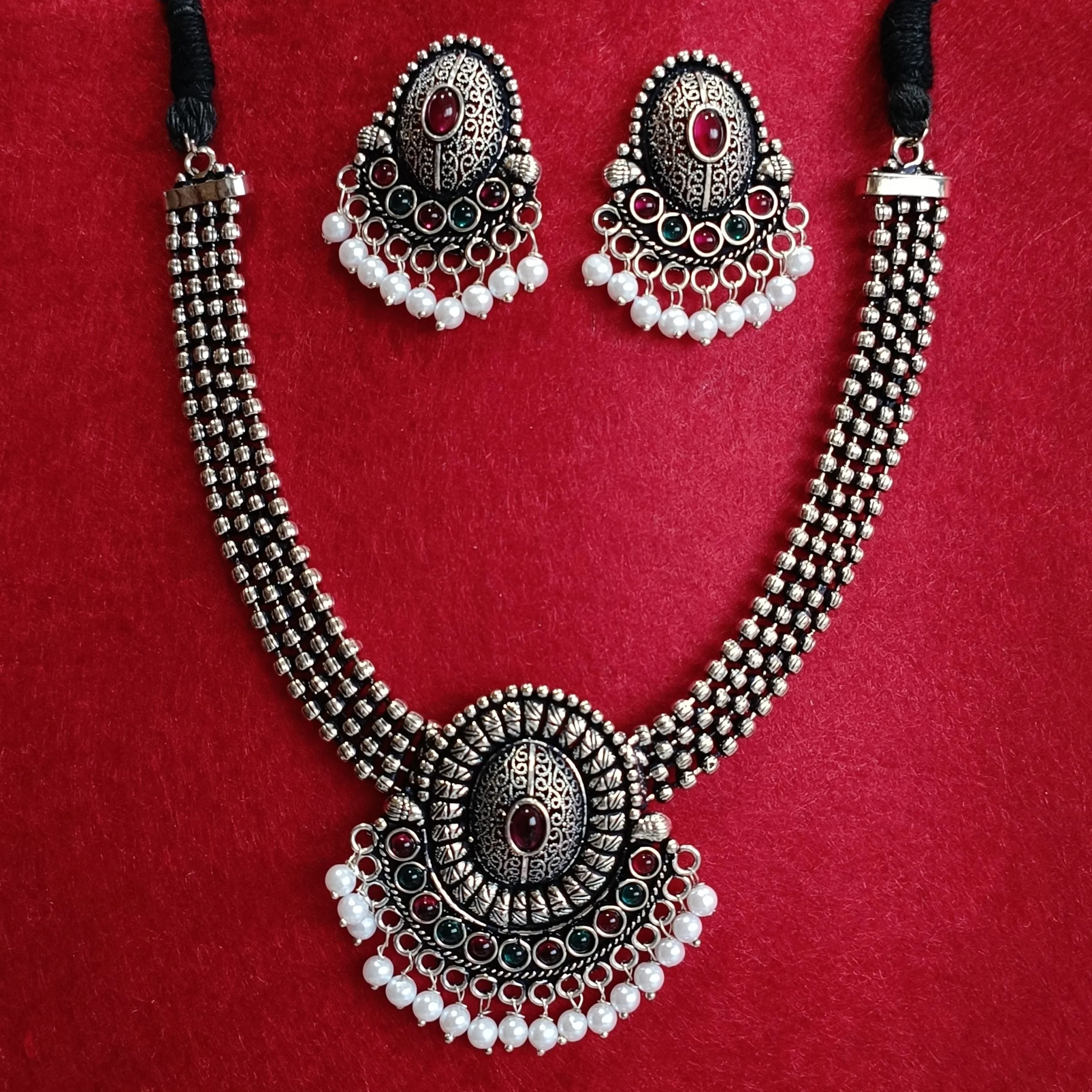 Silver Oxidised Plated Kundan Studded Pearl Choker Necklace Set- OXDNK 2319