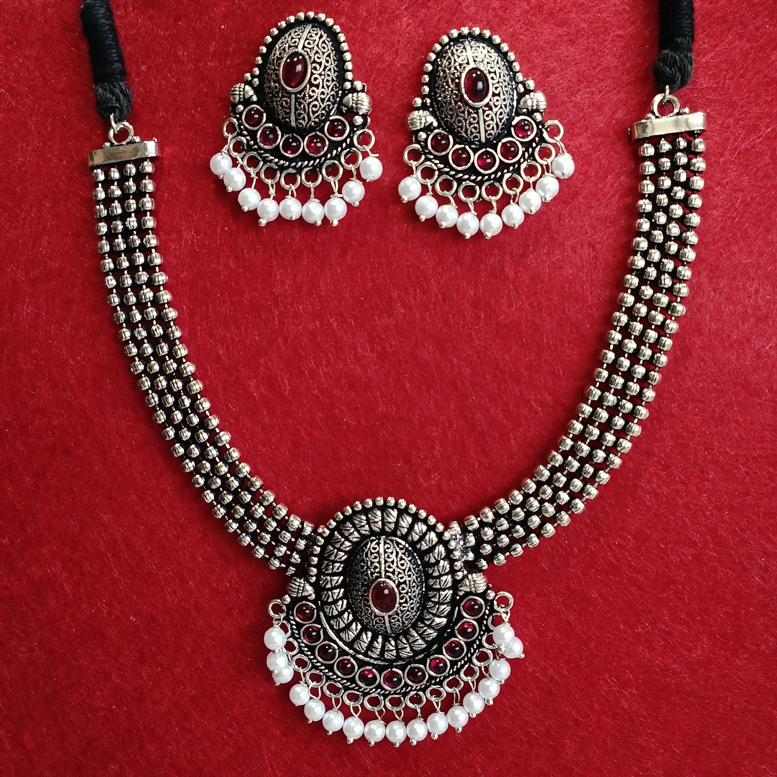 Silver Oxidised Plated Kundan Studded Pearl Choker Necklace Set- OXDNK 2319