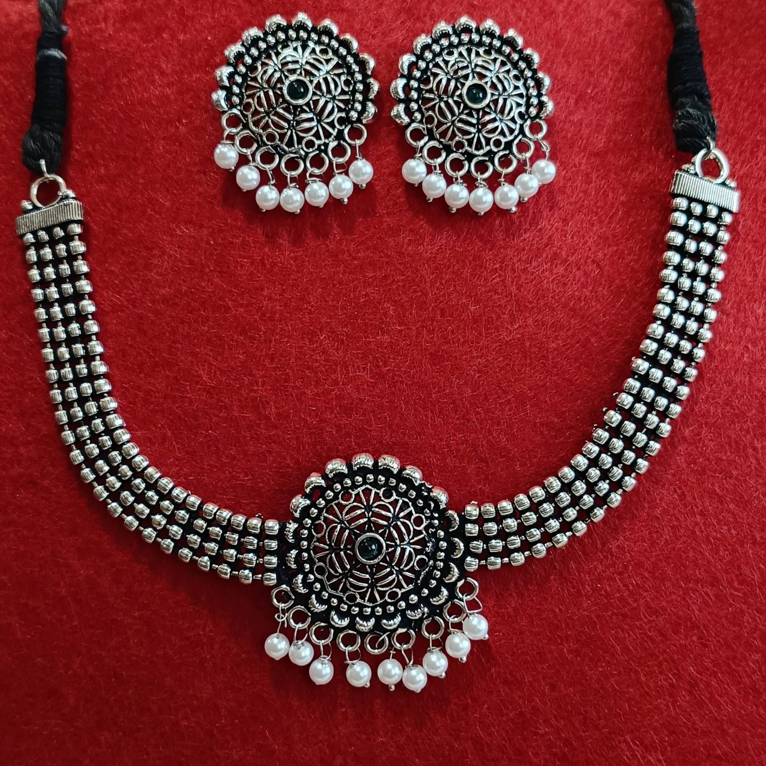 Silver Oxidised Plated Kundan Studded Pearl Choker Necklace Set- OXDNK 2320