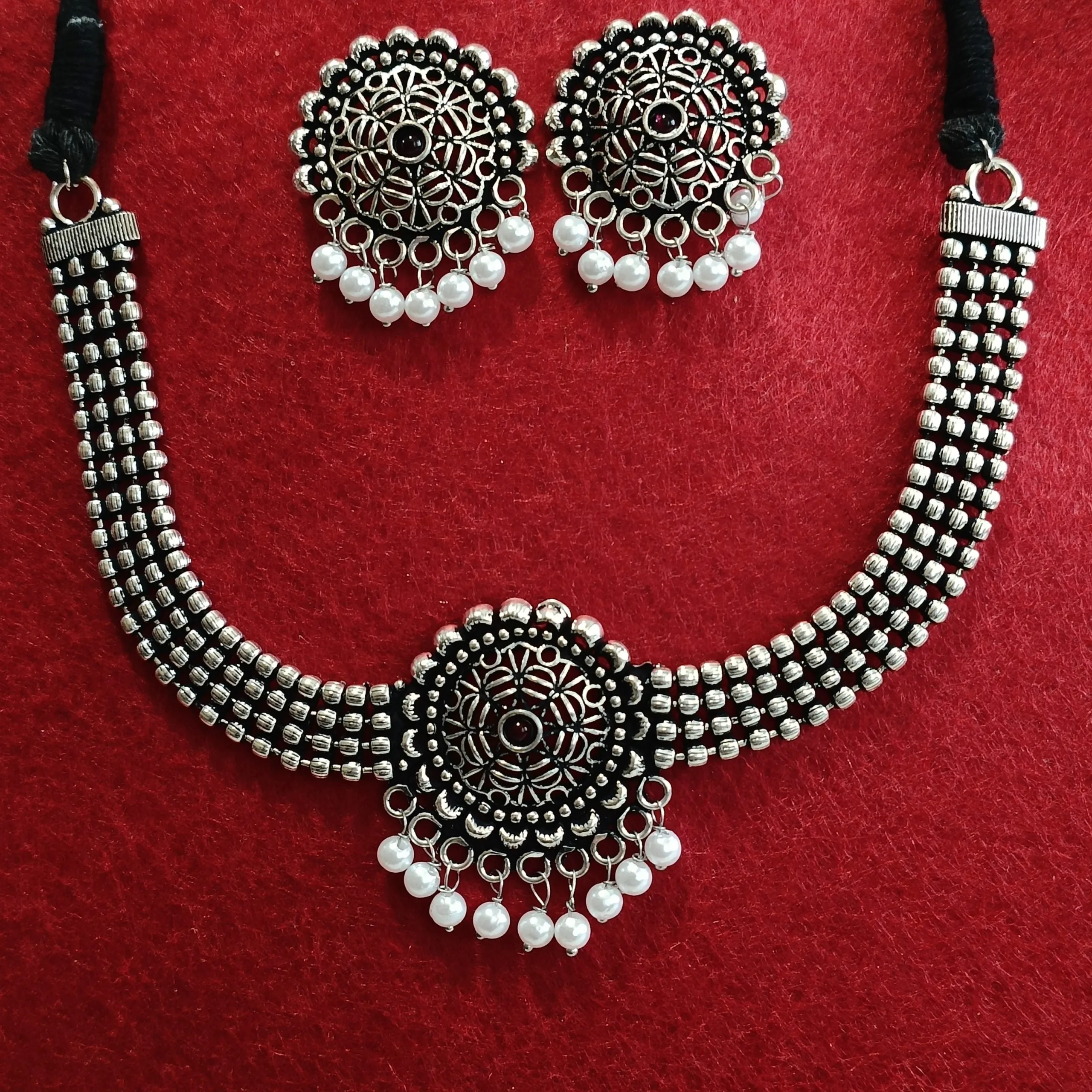 Silver Oxidised Plated Kundan Studded Pearl Choker Necklace Set- OXDNK 2320