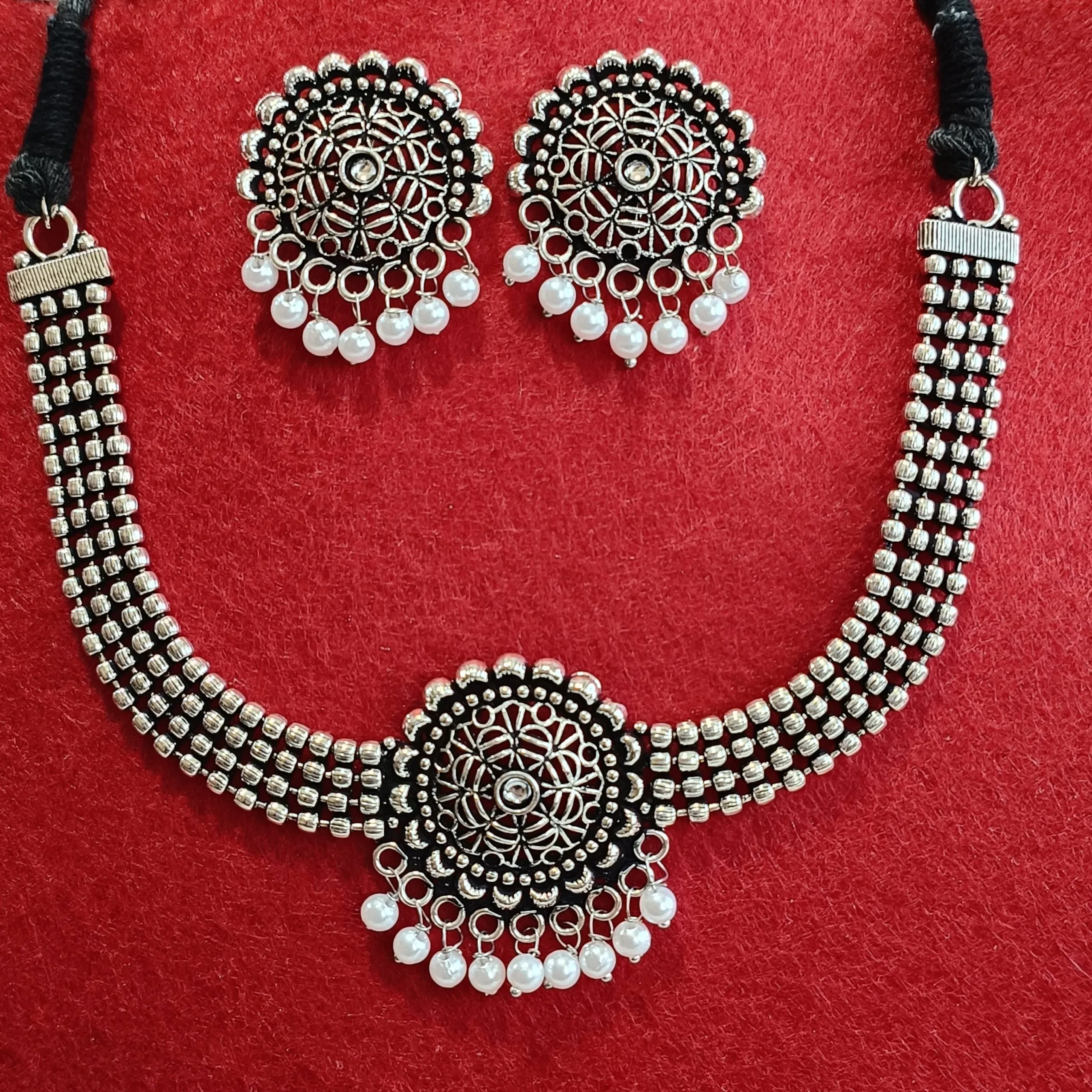 Silver Oxidised Plated Kundan Studded Pearl Choker Necklace Set- OXDNK 2320