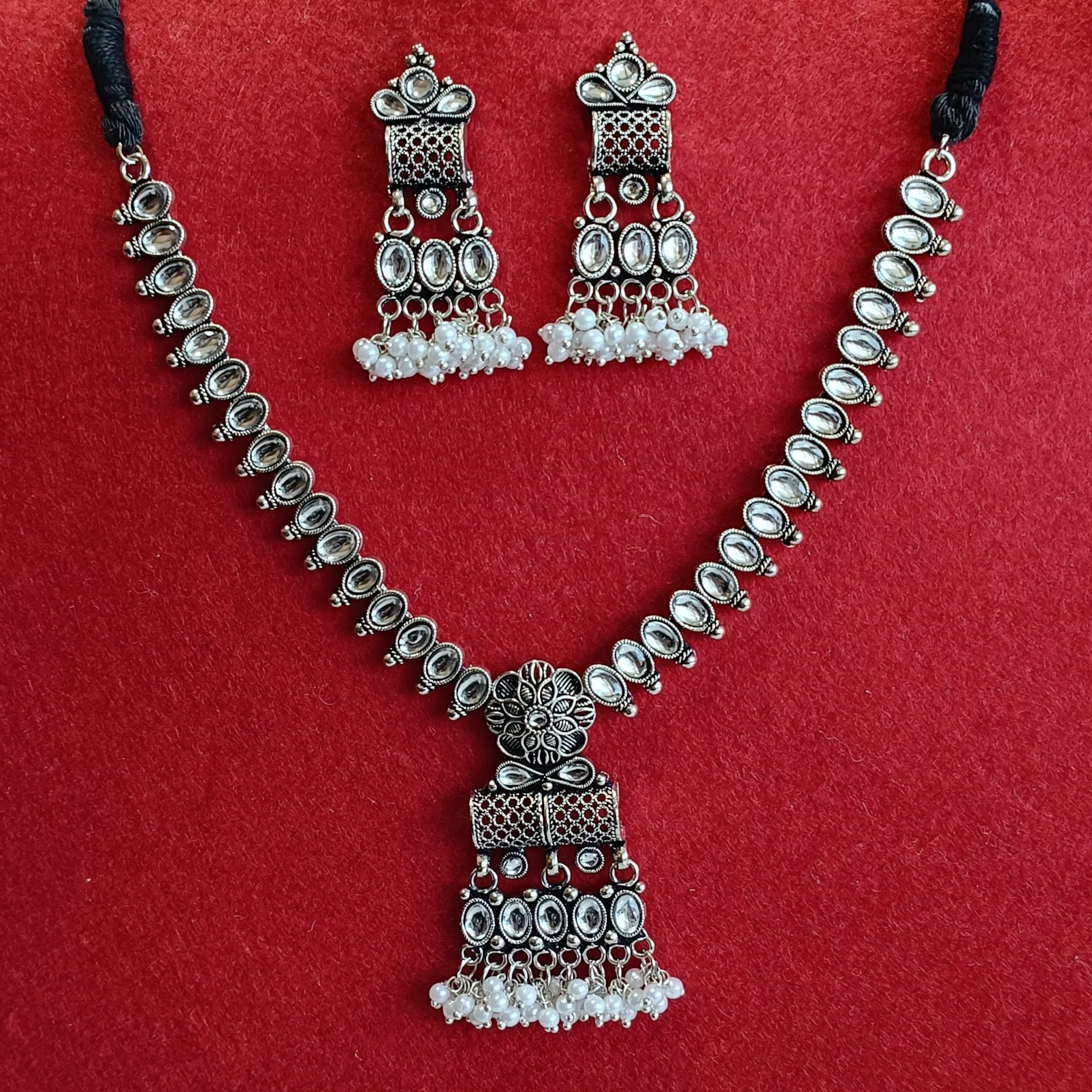 Silver Oxidised Plated Kundan Studded Trendy Choker Necklace Set-OXDNK 2313
