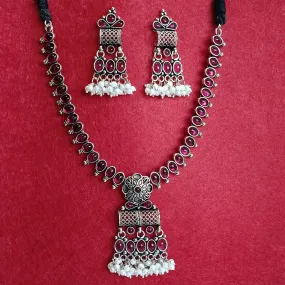 Silver Oxidised Plated Kundan Studded Trendy Choker Necklace Set-OXDNK 2313