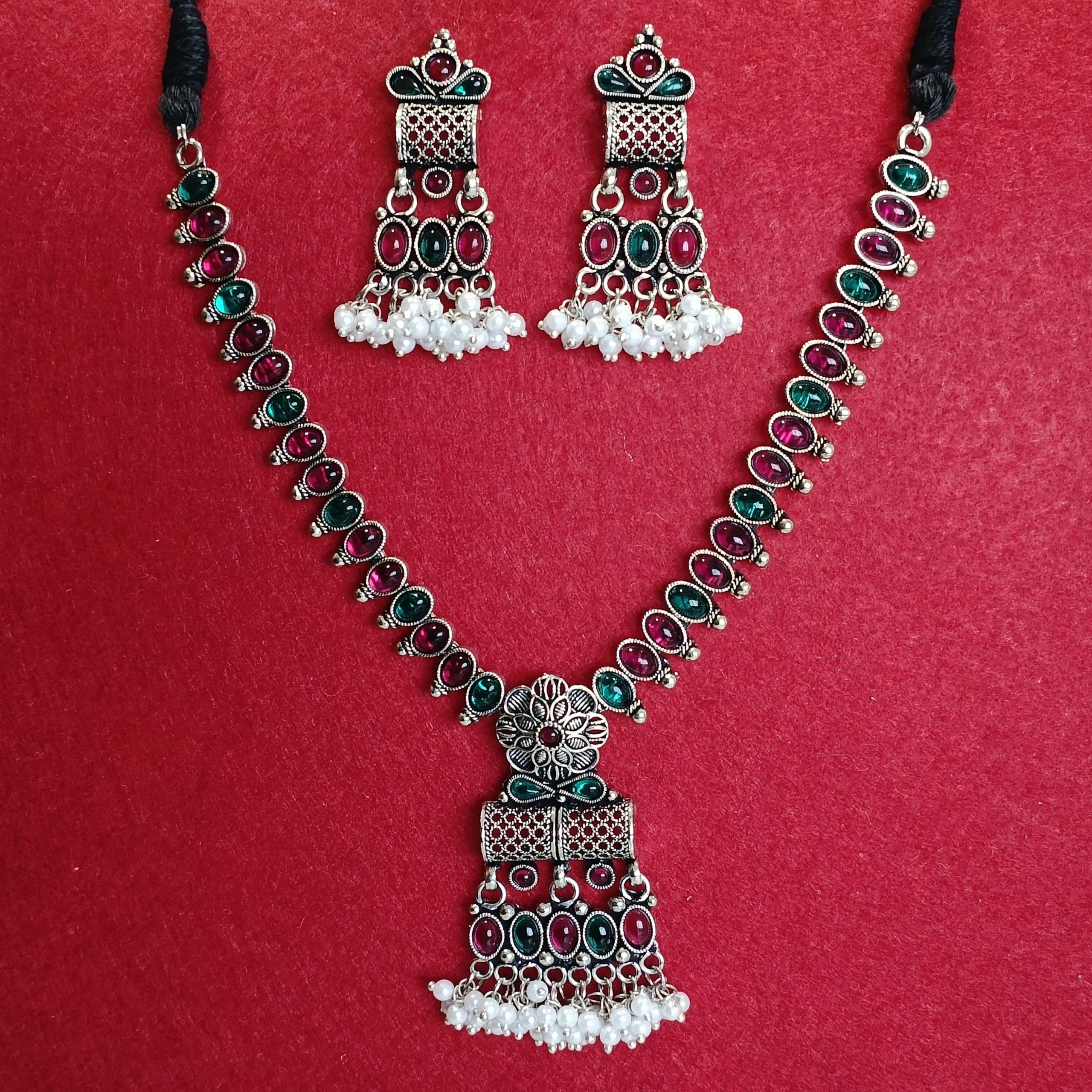 Silver Oxidised Plated Kundan Studded Trendy Choker Necklace Set-OXDNK 2313