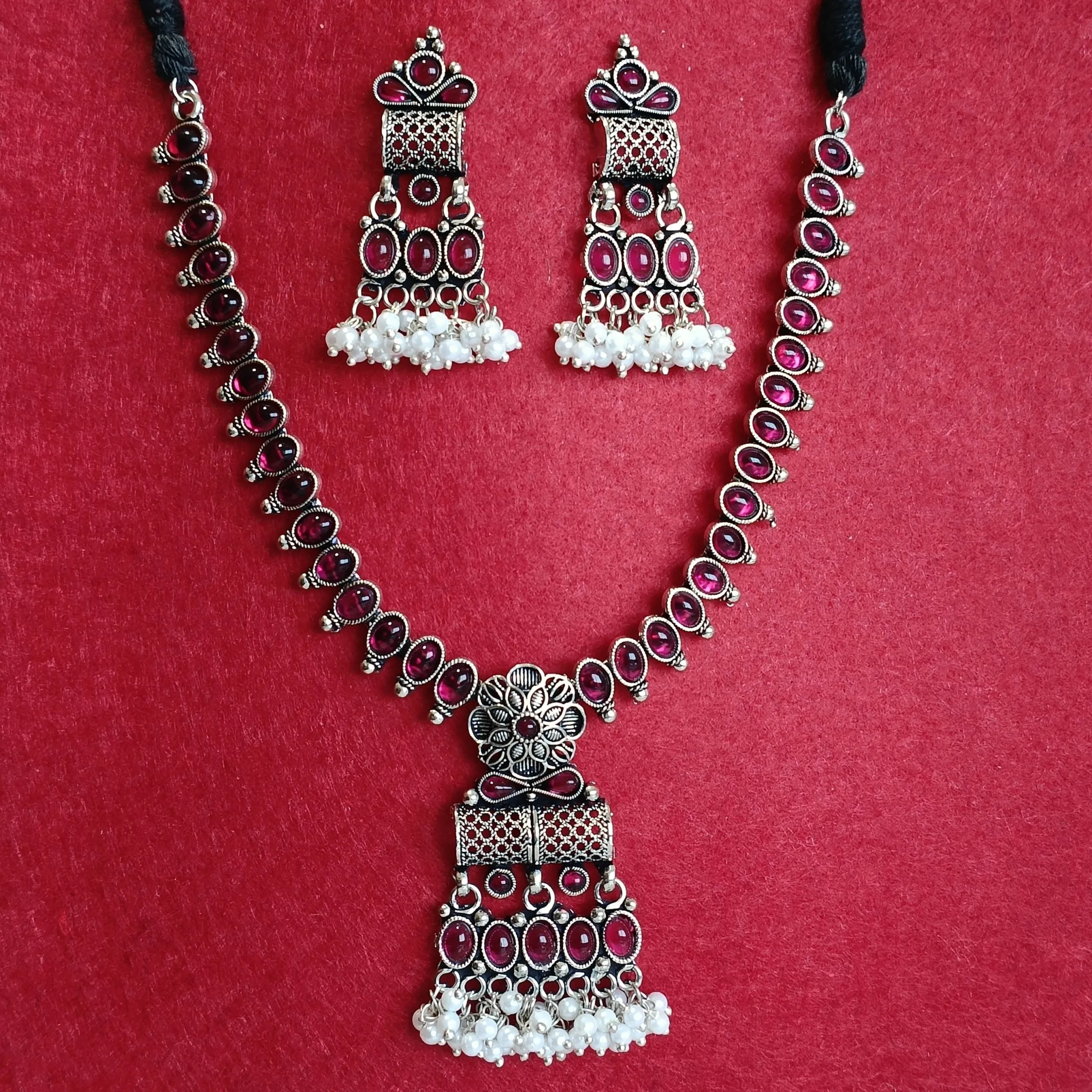 Silver Oxidised Plated Kundan Studded Trendy Choker Necklace Set-OXDNK 2313