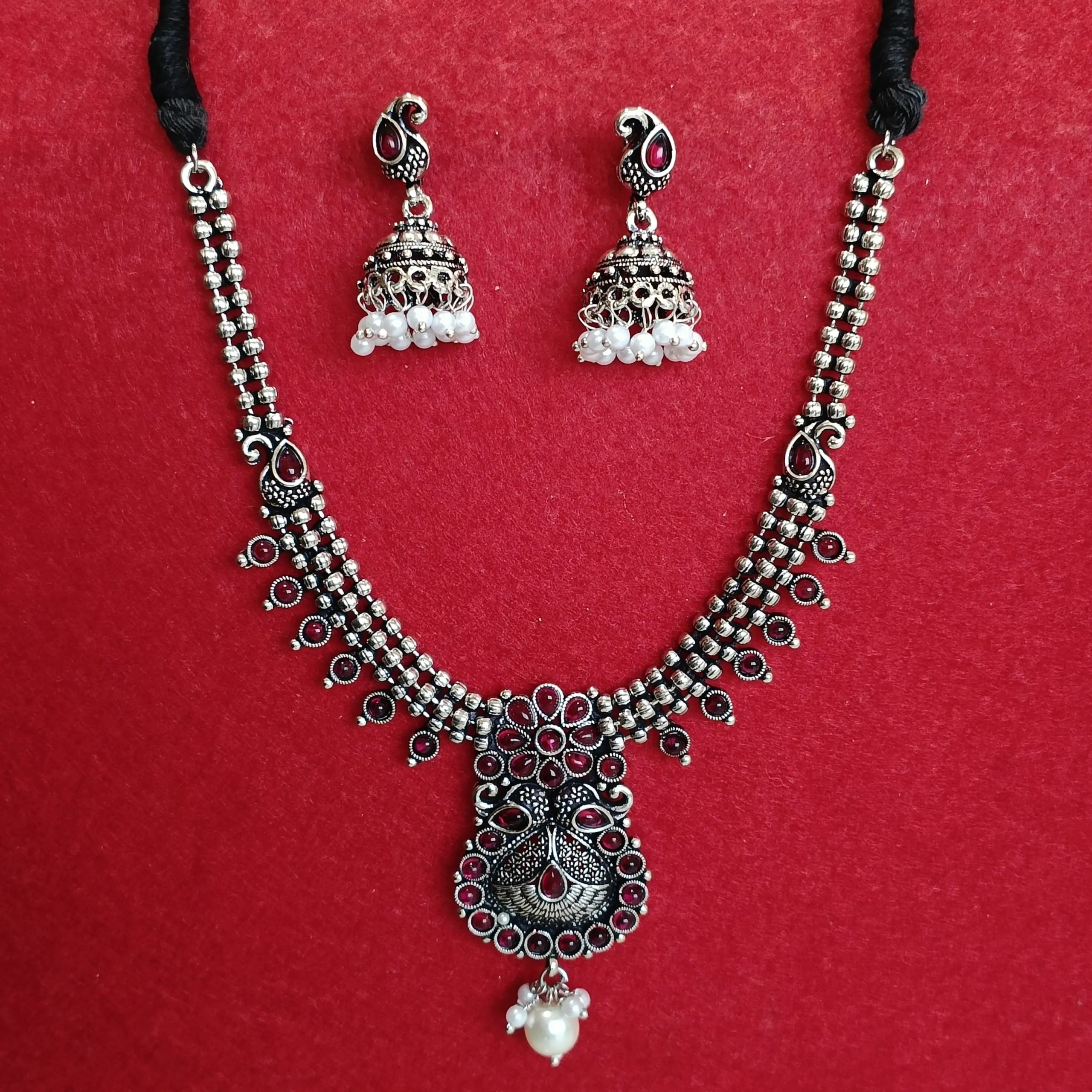 Silver Oxidised Plated Kundan Studded Trendy Design Pearl Choker Necklace Set- OXDNK 2349