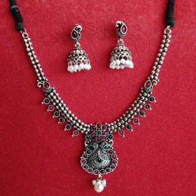 Silver Oxidised Plated Kundan Studded Trendy Design Pearl Choker Necklace Set- OXDNK 2349