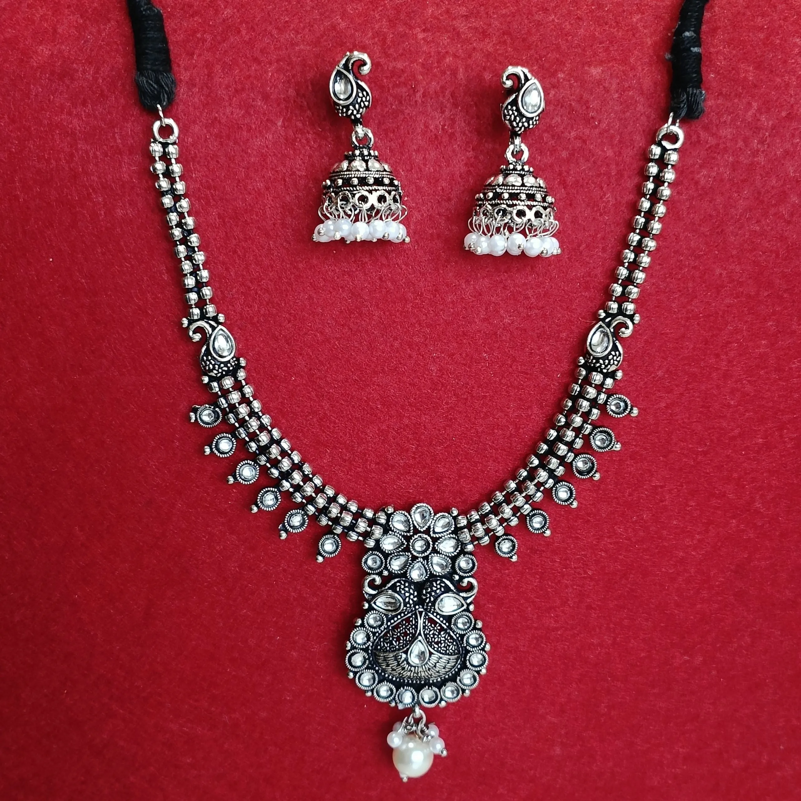Silver Oxidised Plated Kundan Studded Trendy Design Pearl Choker Necklace Set- OXDNK 2349