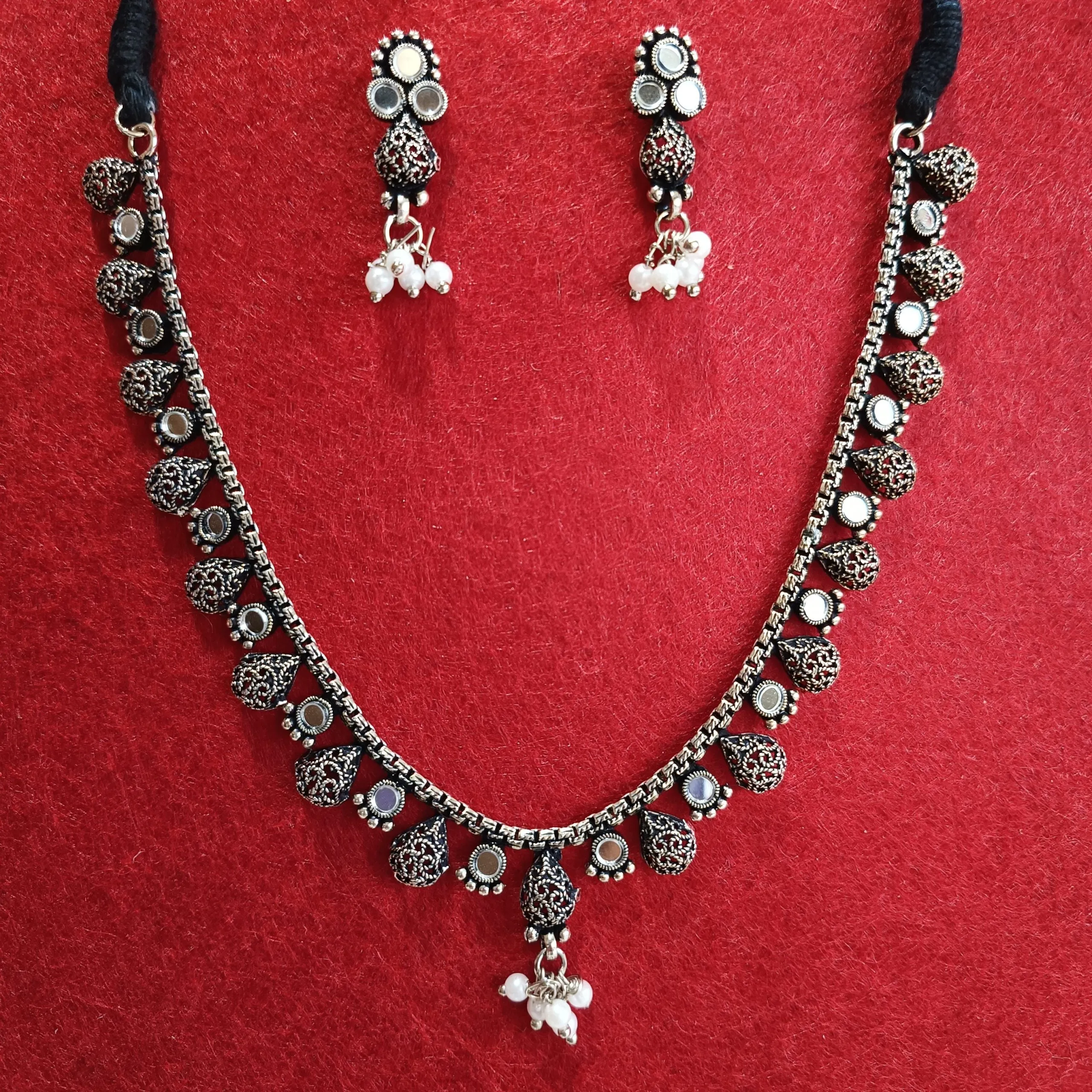 Silver Oxidised Plated Mirror Studded Delicate Choker Necklace Set- OXDNK 2314A