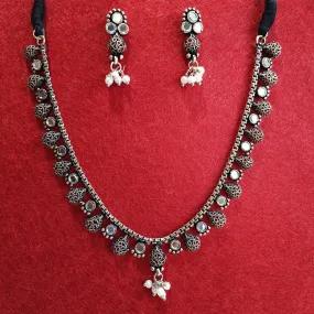Silver Oxidised Plated Mirror Studded Delicate Choker Necklace Set- OXDNK 2314A