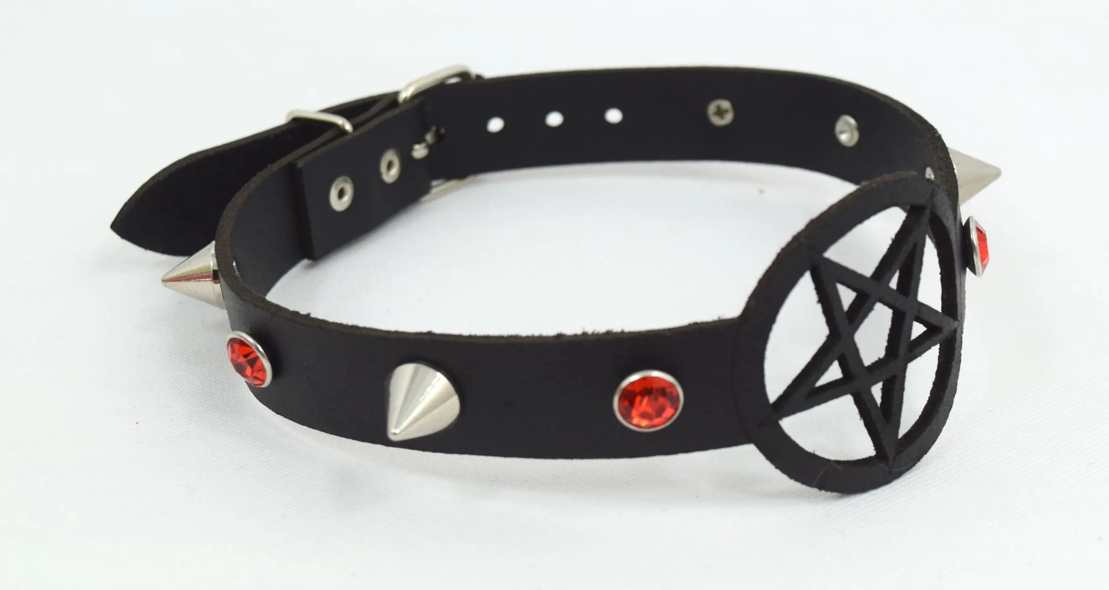 Skelapparel Gothic Witch Wicca Black Leather Pentagram Laser Cut Choker with red crystal and Spiked Necklace