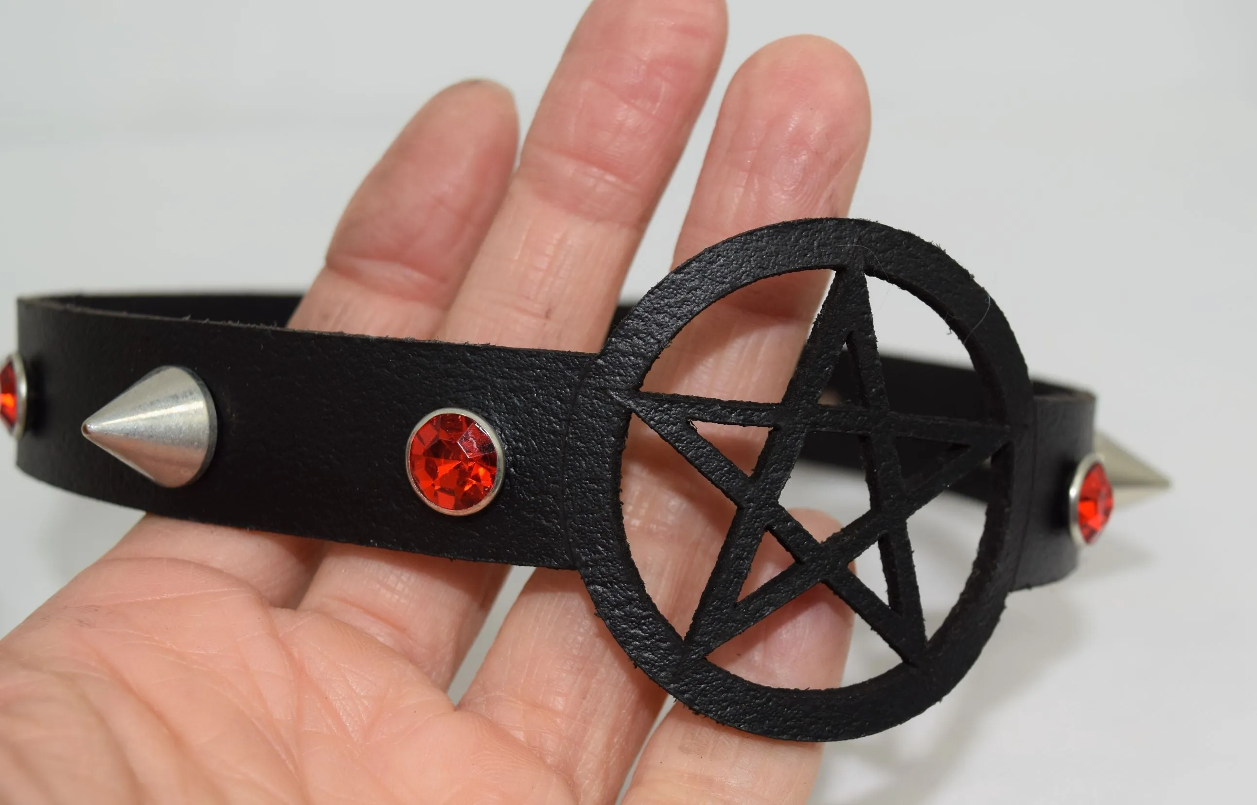 Skelapparel Gothic Witch Wicca Black Leather Pentagram Laser Cut Choker with red crystal and Spiked Necklace