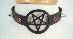 Skelapparel Gothic Witch Wicca Black Leather Pentagram Laser Cut Choker with red crystal and Spiked Necklace