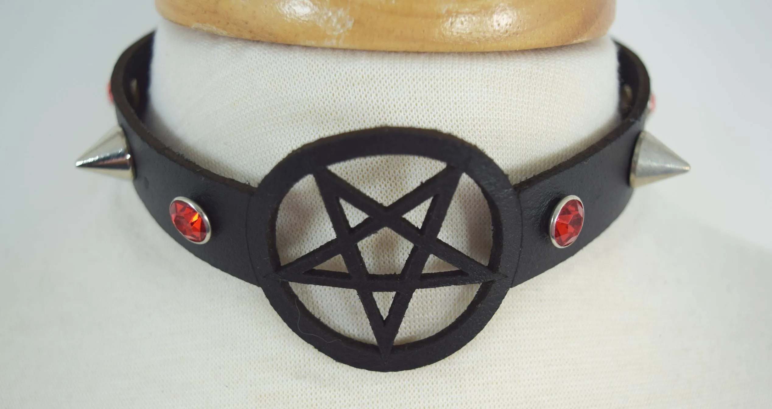 Skelapparel Gothic Witch Wicca Black Leather Pentagram Laser Cut Choker with red crystal and Spiked Necklace