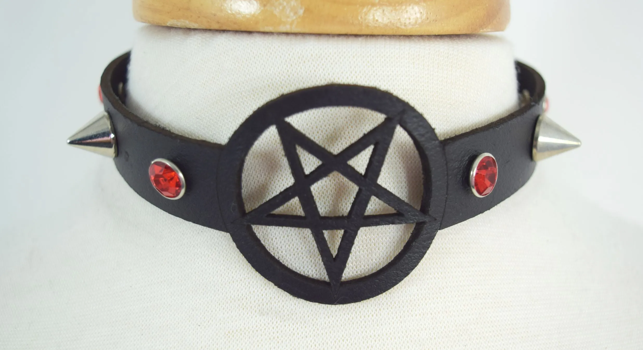 Skelapparel Gothic Witch Wicca Black Leather Pentagram Laser Cut Choker with red crystal and Spiked Necklace