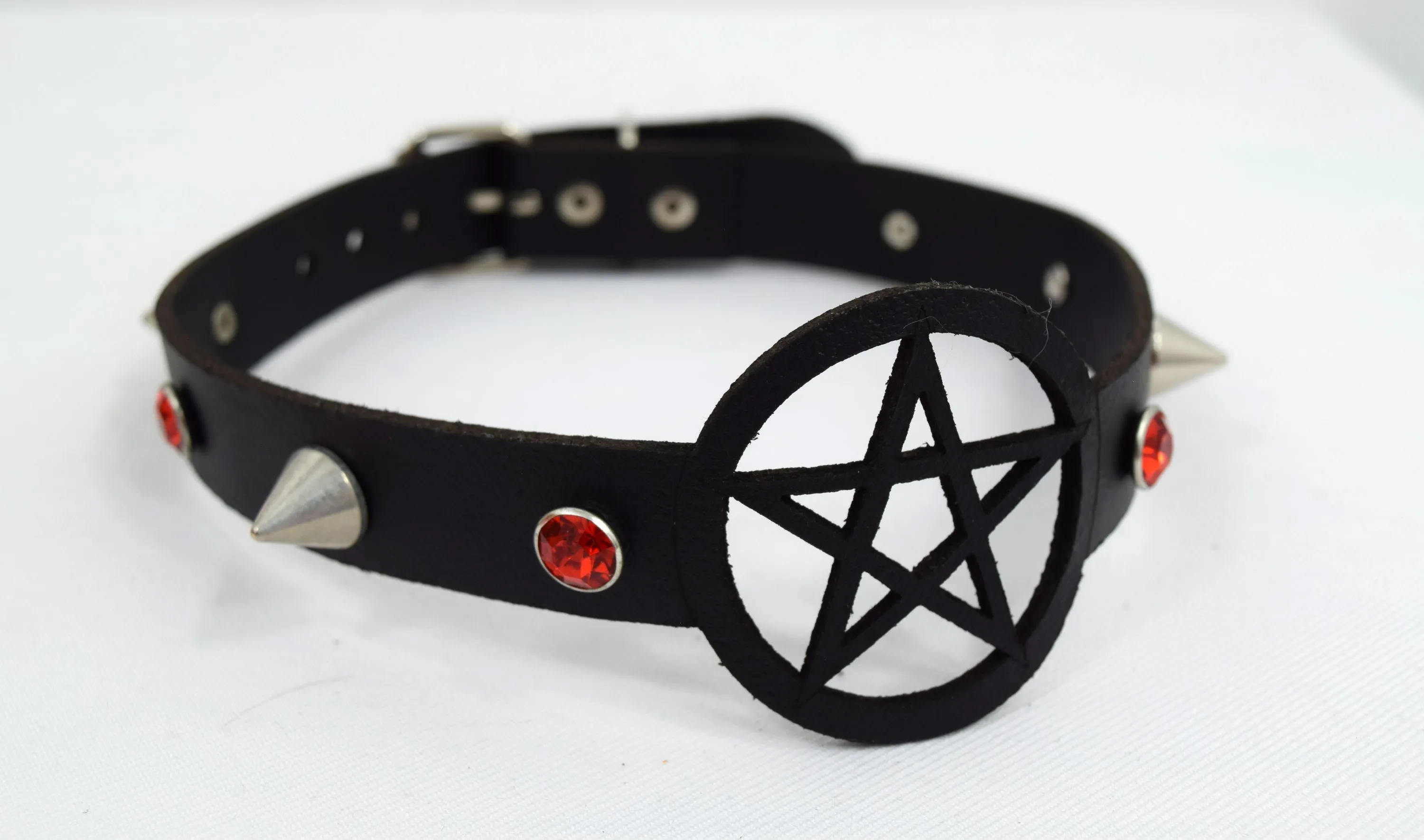 Skelapparel Gothic Witch Wicca Black Leather Pentagram Laser Cut Choker with red crystal and Spiked Necklace