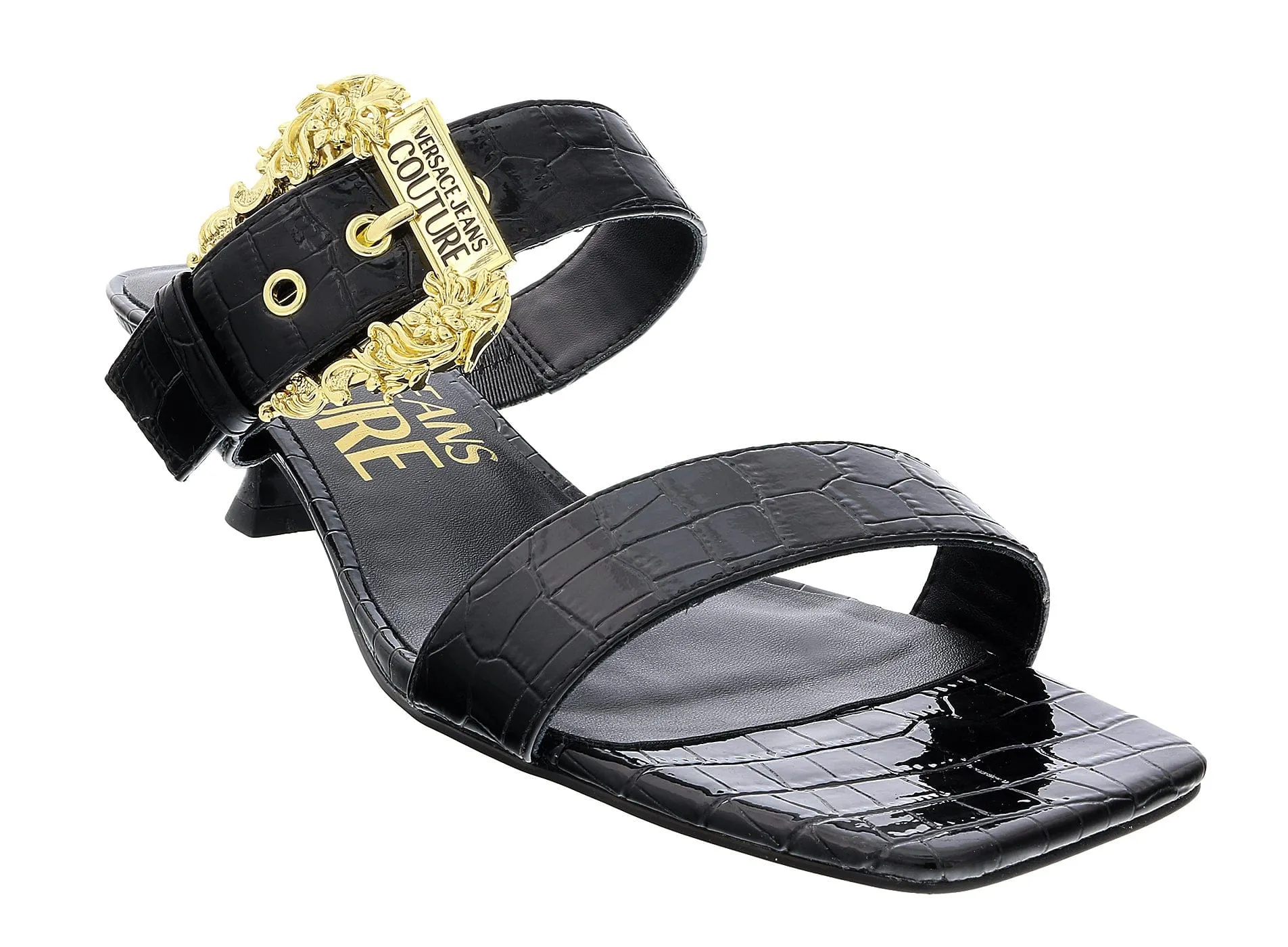 Versace Jeans Couture Black Kitten Heel Strappy Baroque Buckle Mules