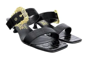 Versace Jeans Couture Black Kitten Heel Strappy Baroque Buckle Mules