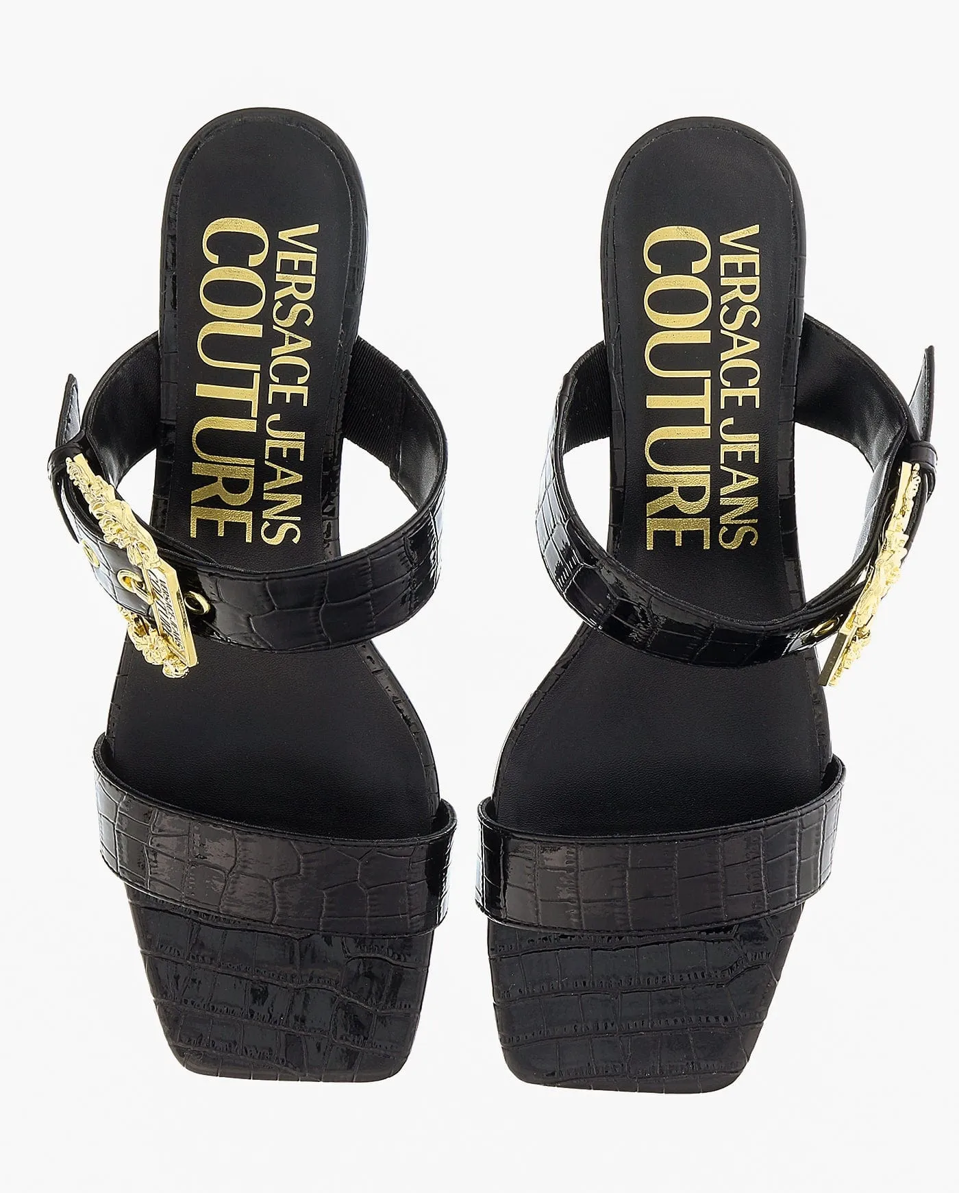 Versace Jeans Couture Black Kitten Heel Strappy Baroque Buckle Mules